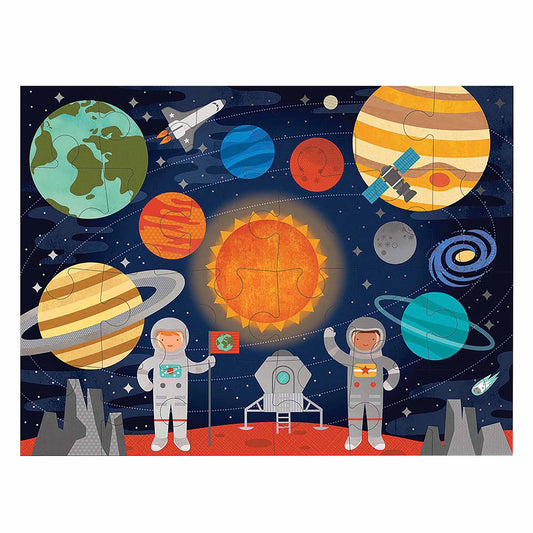 Children's puzzle with space-themed design featuring planets, astronauts, and a rocket.