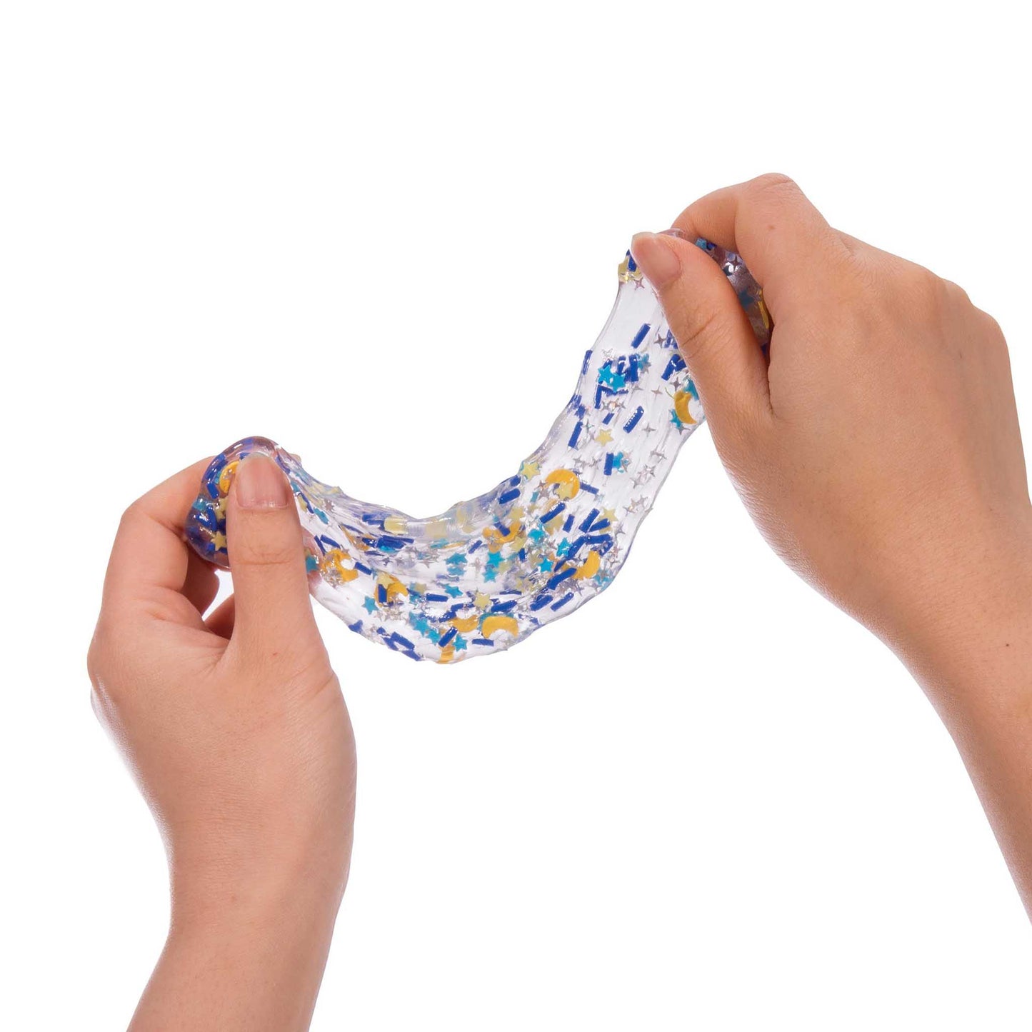 Hands stretching a colorful, stretchy substance against a white background