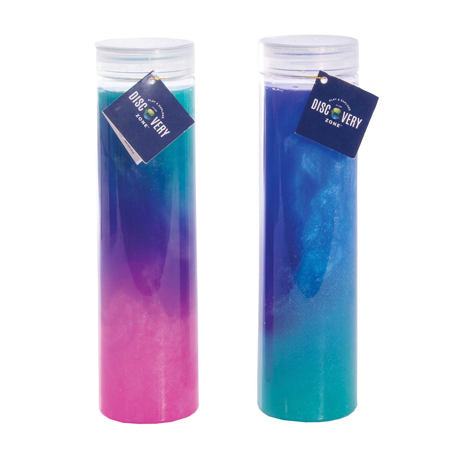 Two gradient-colored bottles with visible tags on a white background