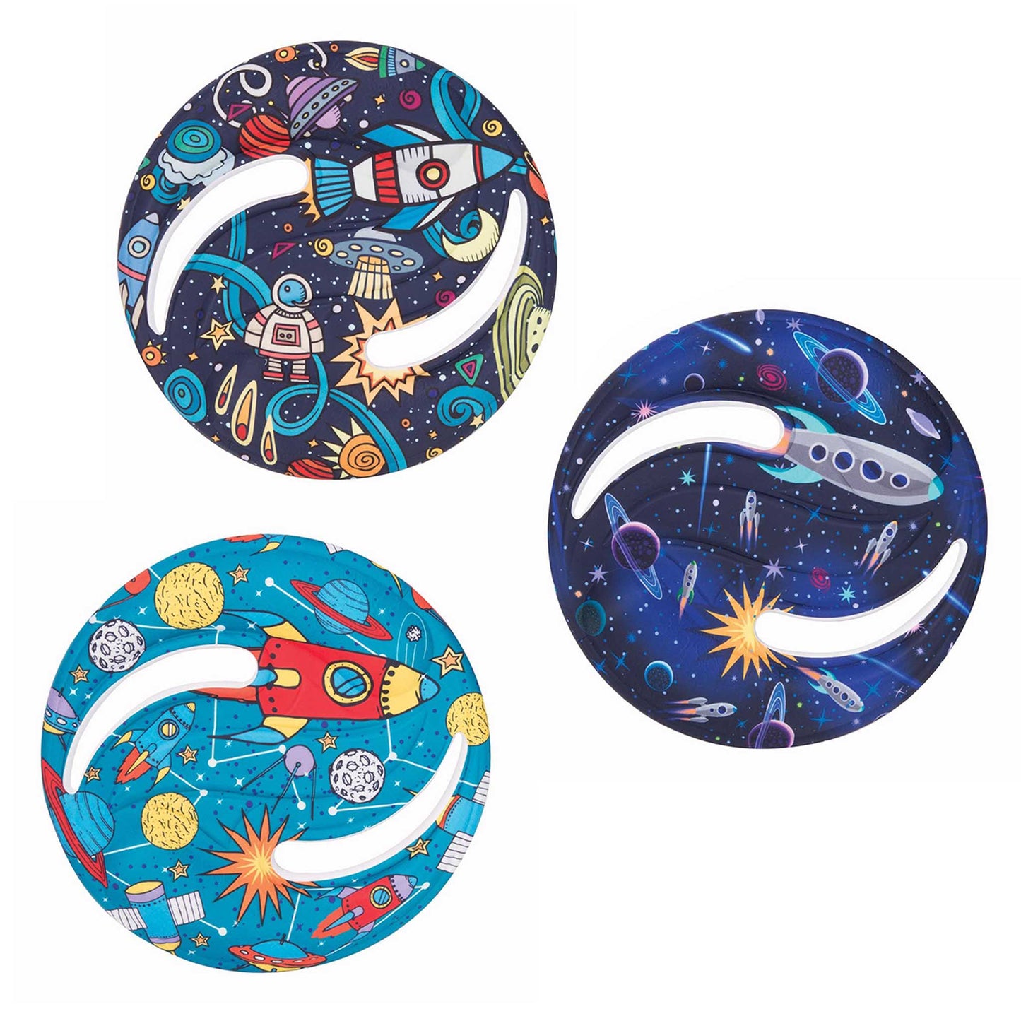 Three space-themed frisbees with colorful designs on a white background