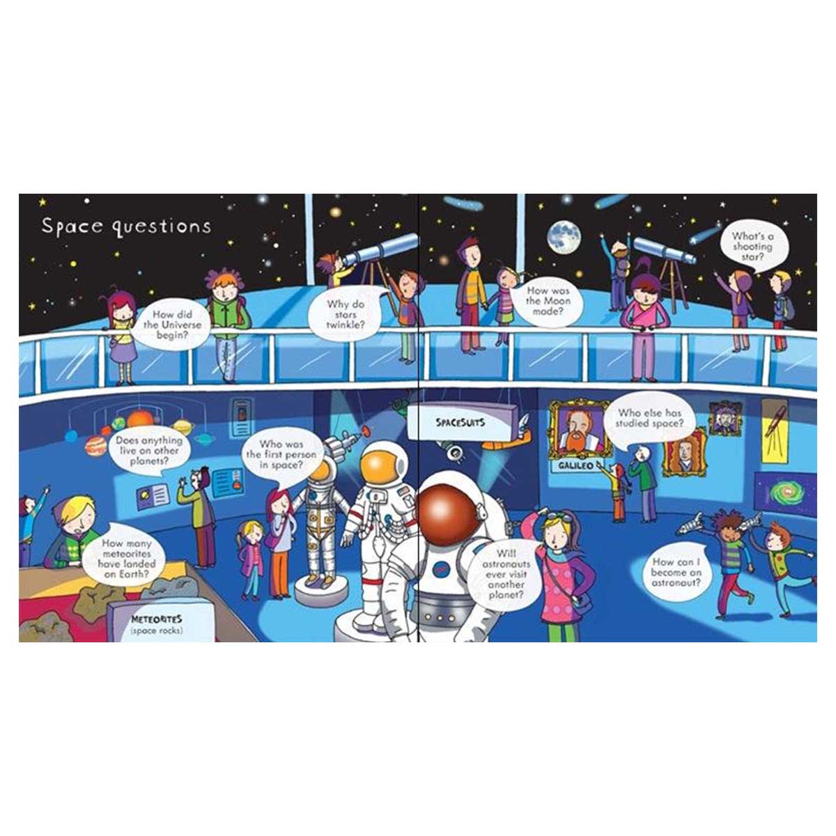 Illustration of a space-themed children's book with astronauts and space-related questions.