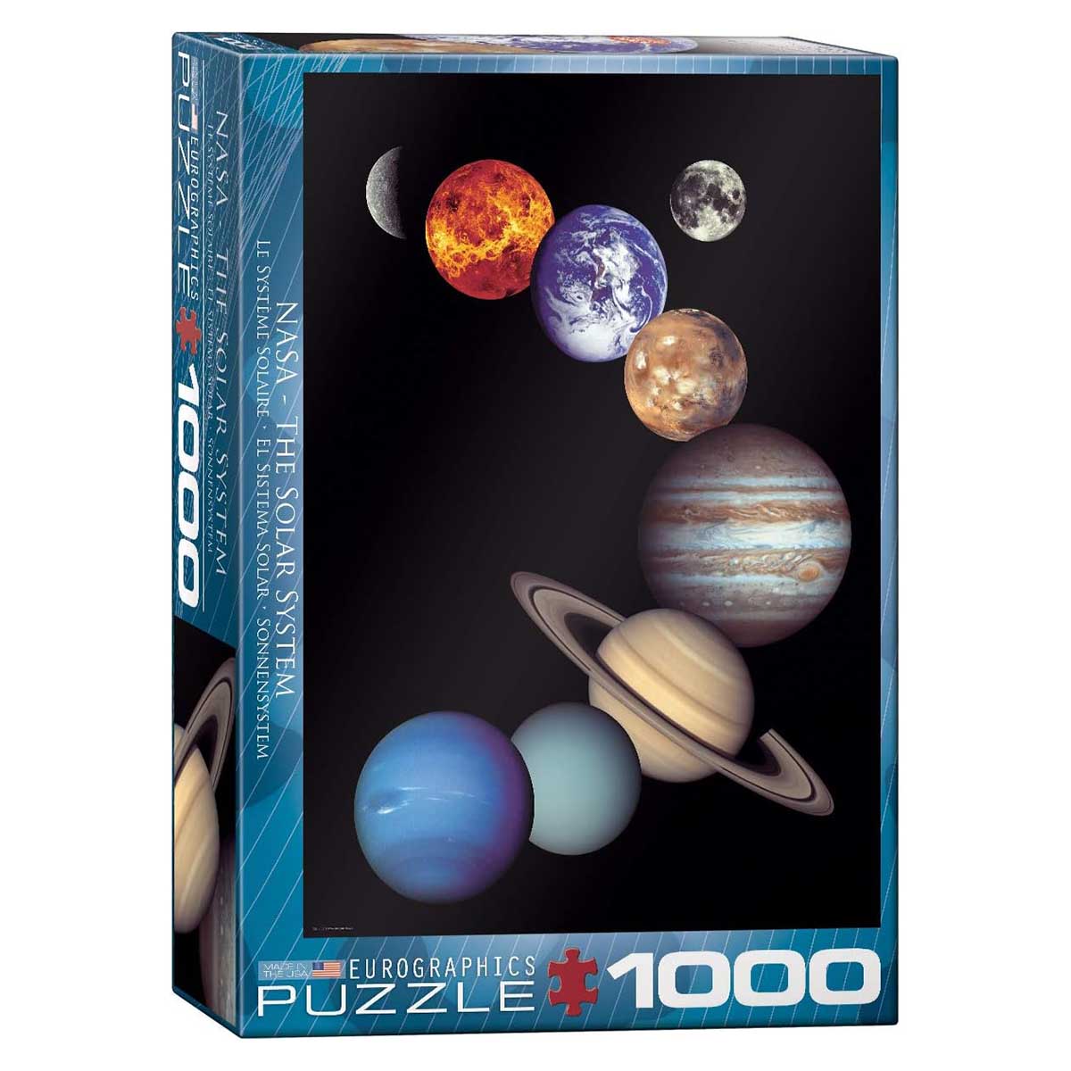 Jigsaw puzzle box featuring illustrations of planets with 'NASA The Solar System' branding.