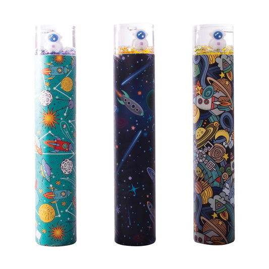 Three cylindrical containers with space-themed designs on a white background