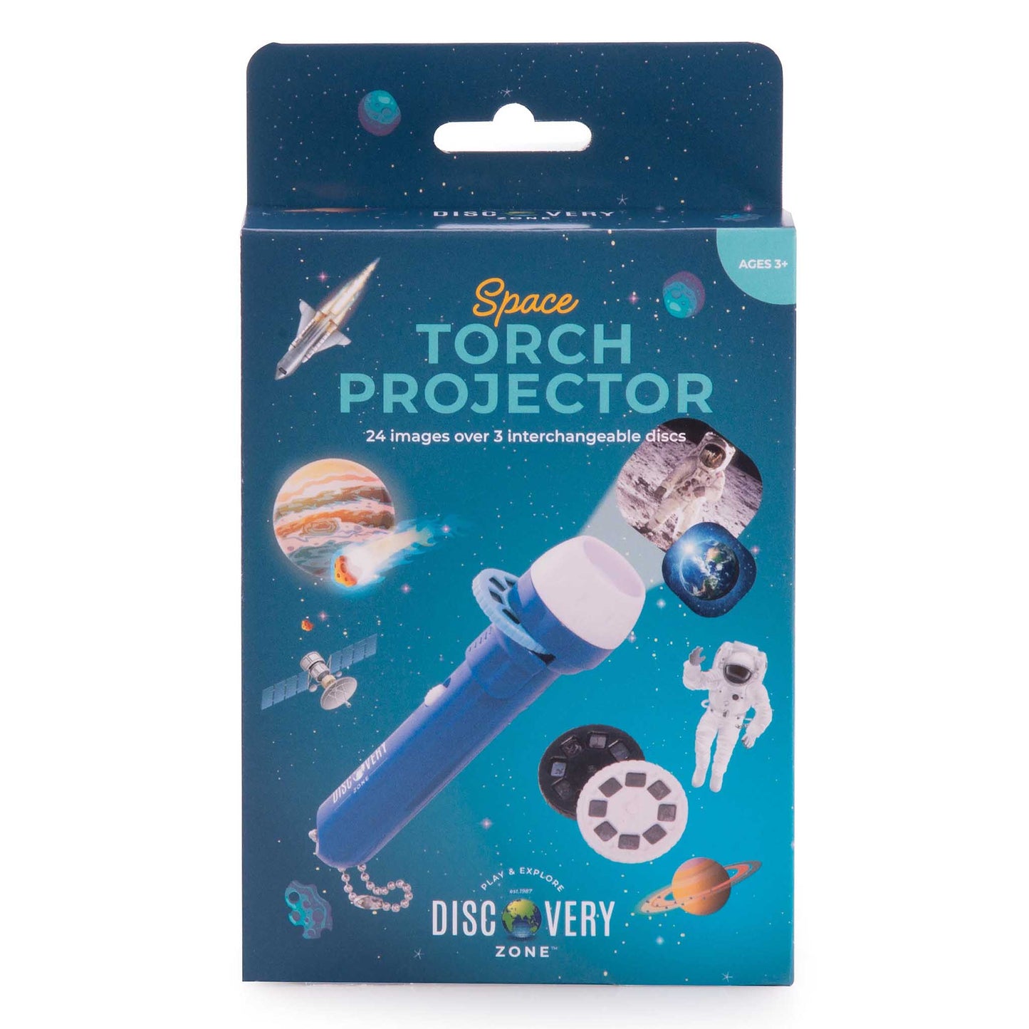 Space Torch Projector packaging with illustrations of planets and astronauts on a blue background.