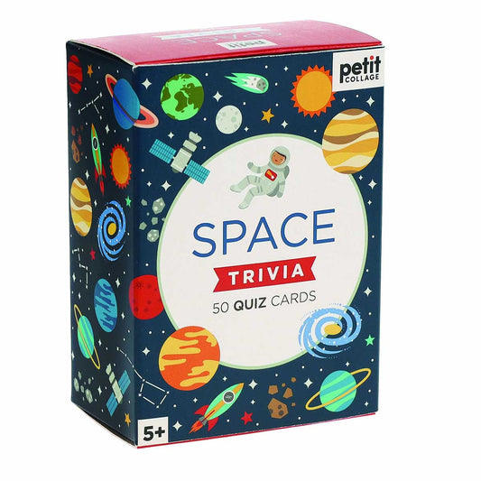 Space trivia quiz cards packaging with colorful space-themed illustrations on a white background
