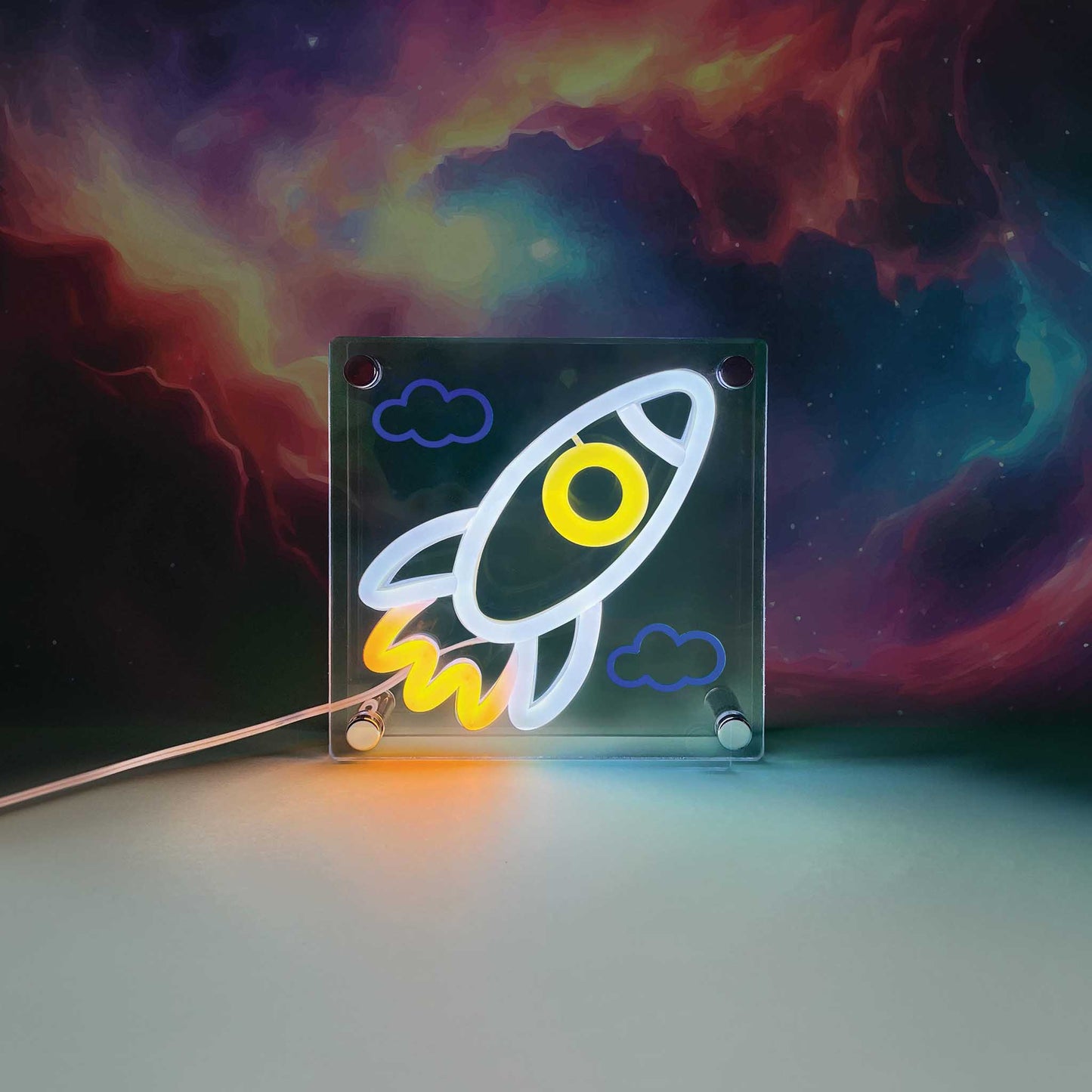 Transparent panel with a rocket drawing on a cosmic background