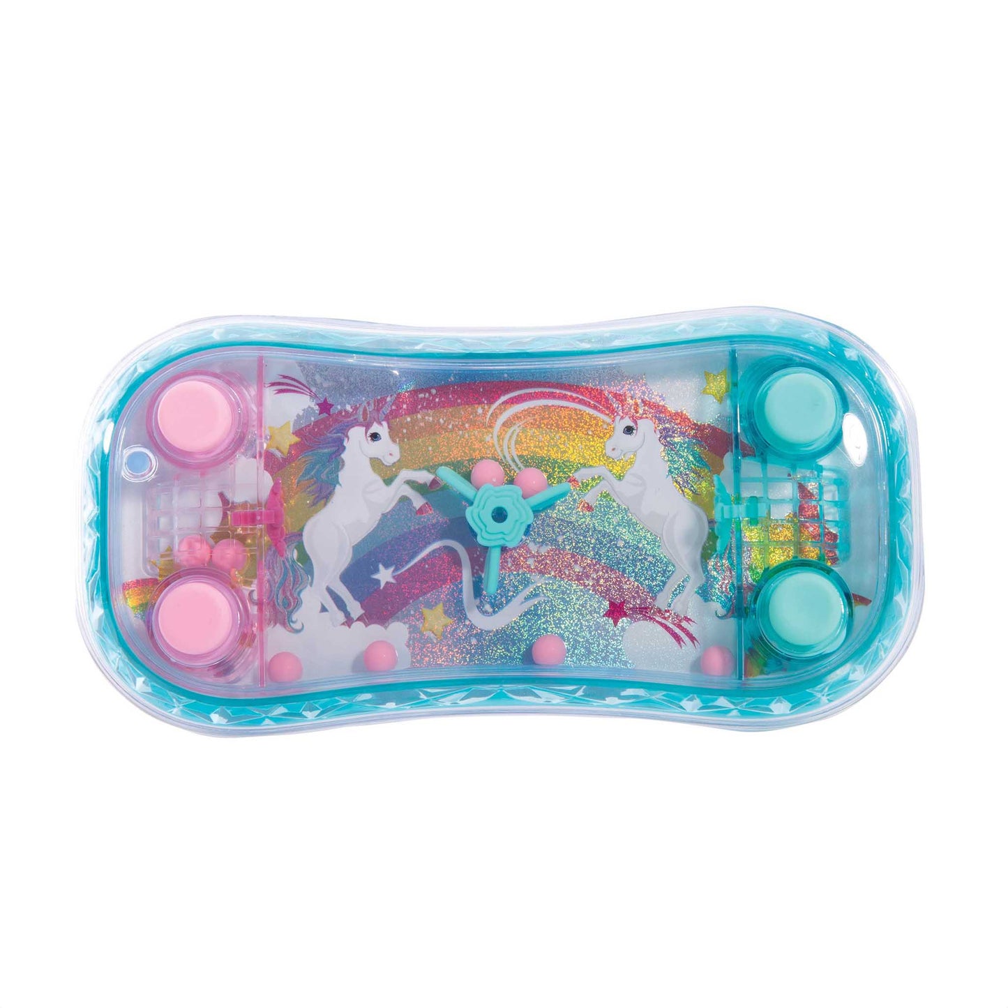 Children's game with unicorns and rainbows in a clear container on a white background