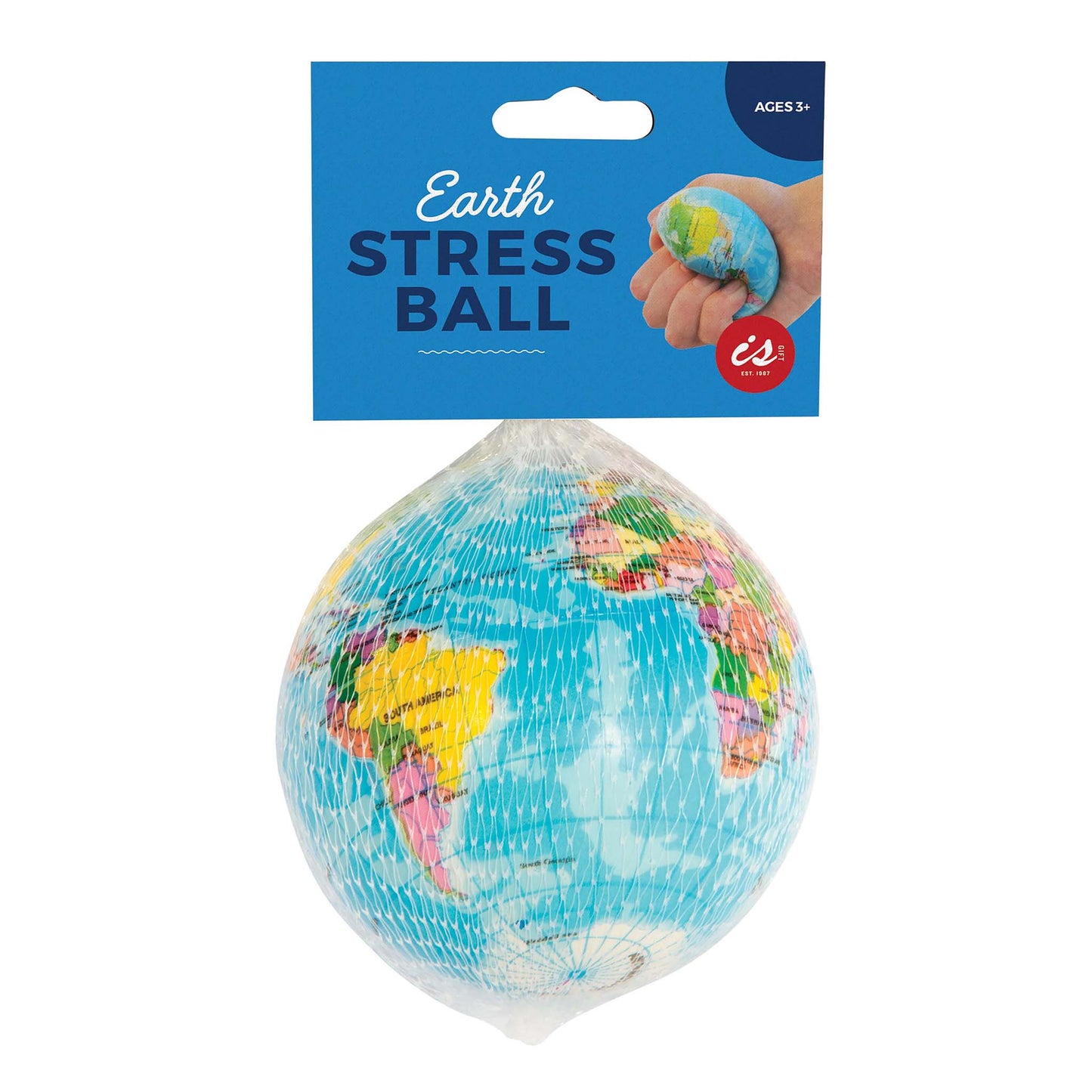 Earth stress ball with packaging on a white background