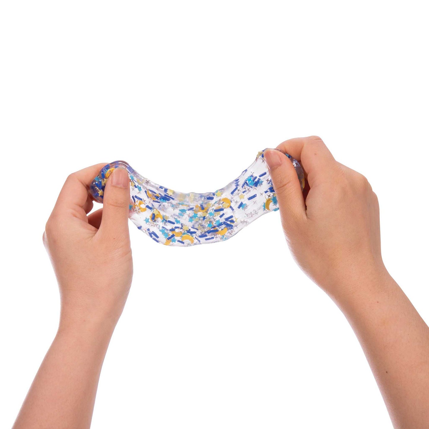 Hands stretching a colorful, stretchy substance against a white background