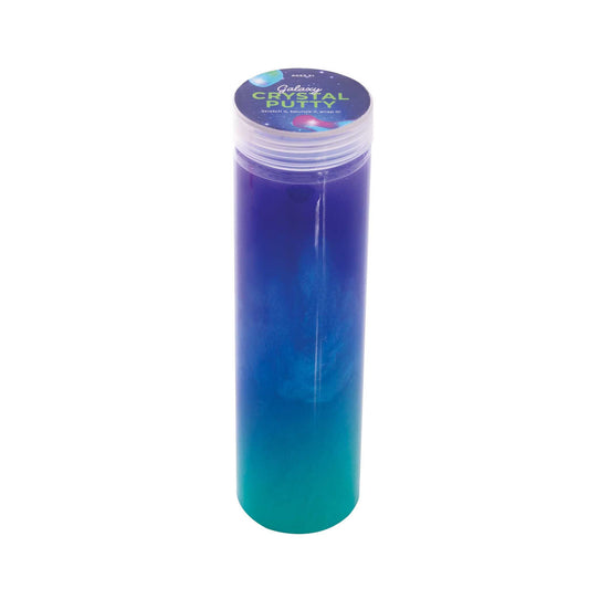 Cylindrical container of blue and green putty with a purple label on a white background