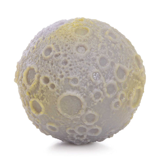 Textured sphere with a pattern resembling a moon's surface on a white background