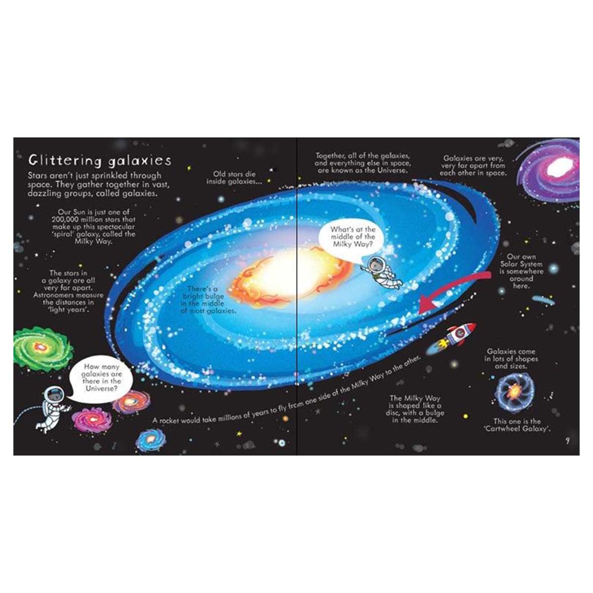 Educational illustration of the Milky Way galaxy and other galaxies with text labels.