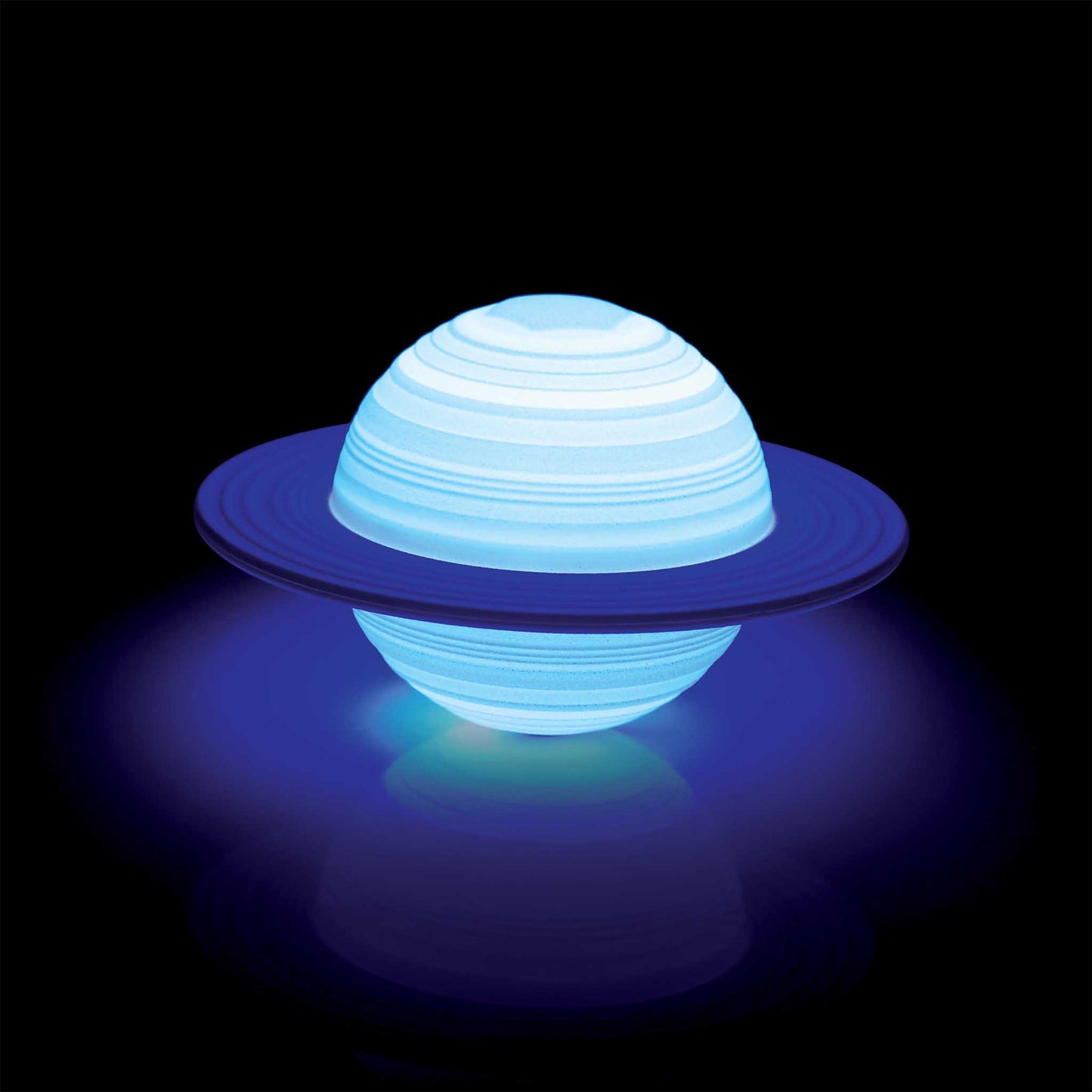 Glowing blue Saturn model on a black background