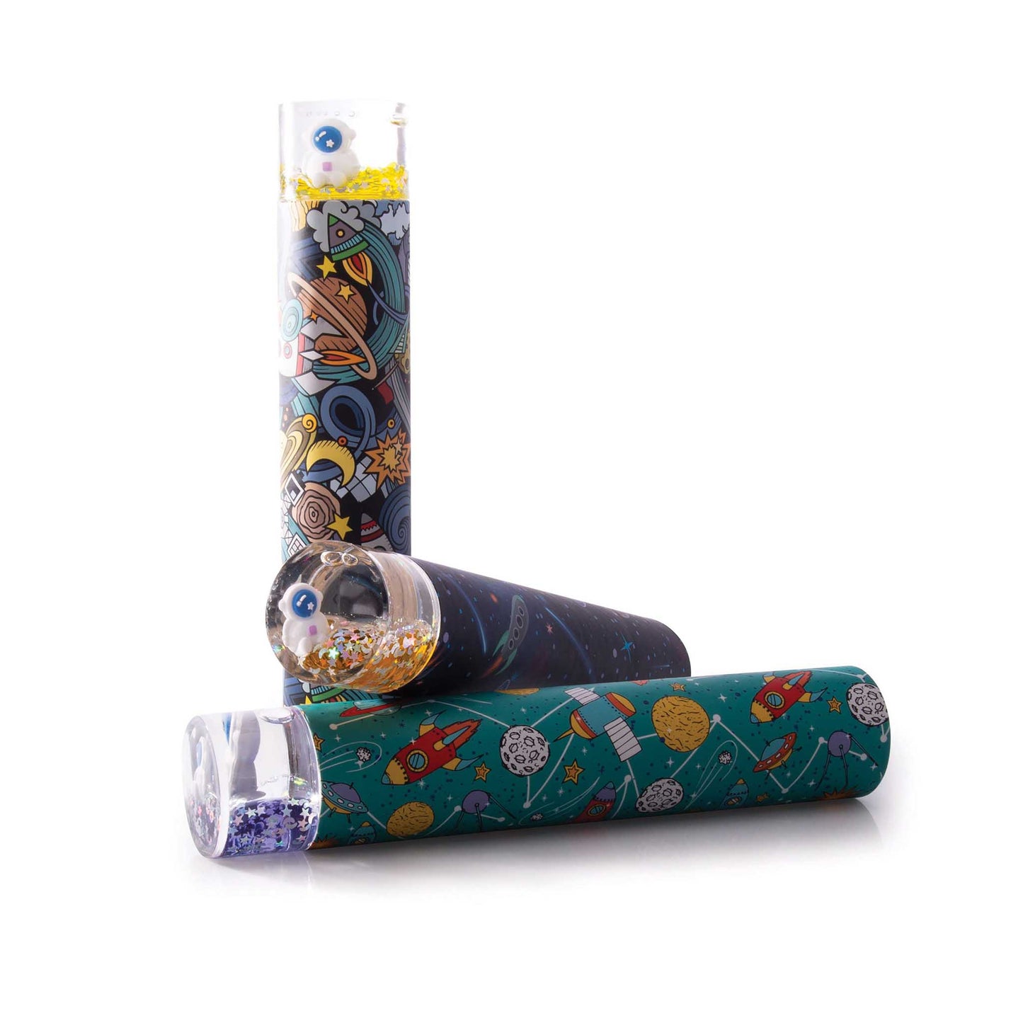 Colorful space-themed items including a cylindrical container, a roll of paper, and a small glass jar on a white background.