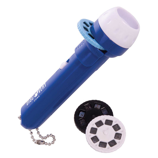 Blue flashlight with View-Master reels on a white background