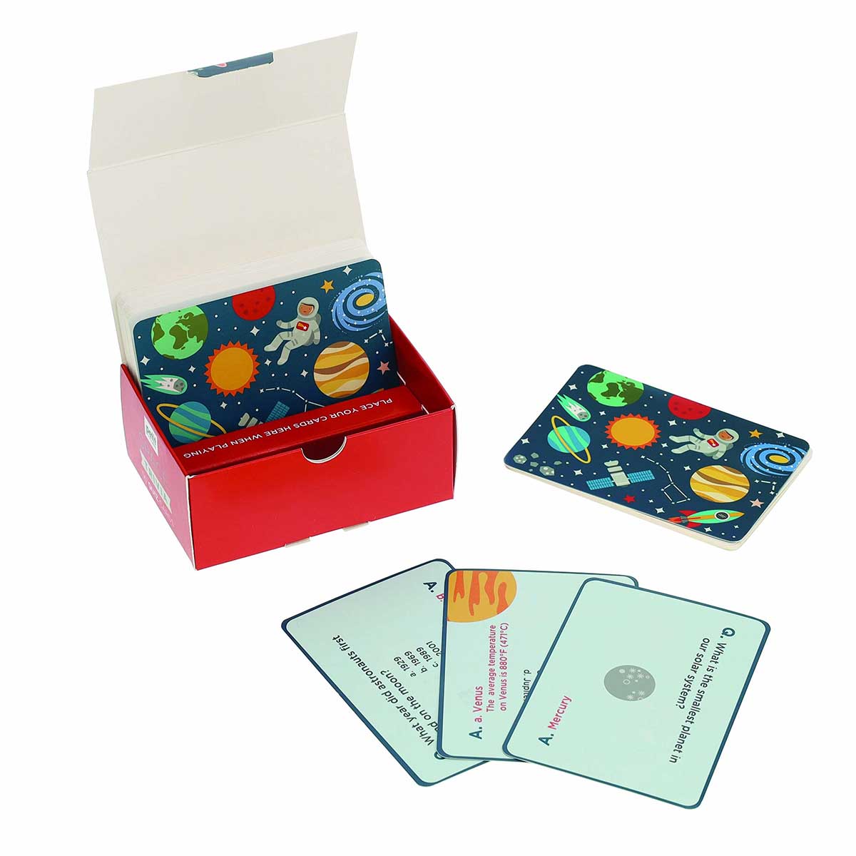 Educational card set with space-themed cards and a red box on a white background