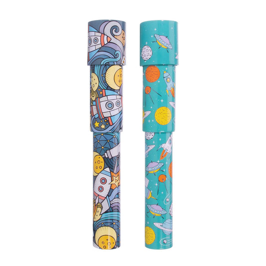 Two cylindrical containers with space-themed designs on a white background