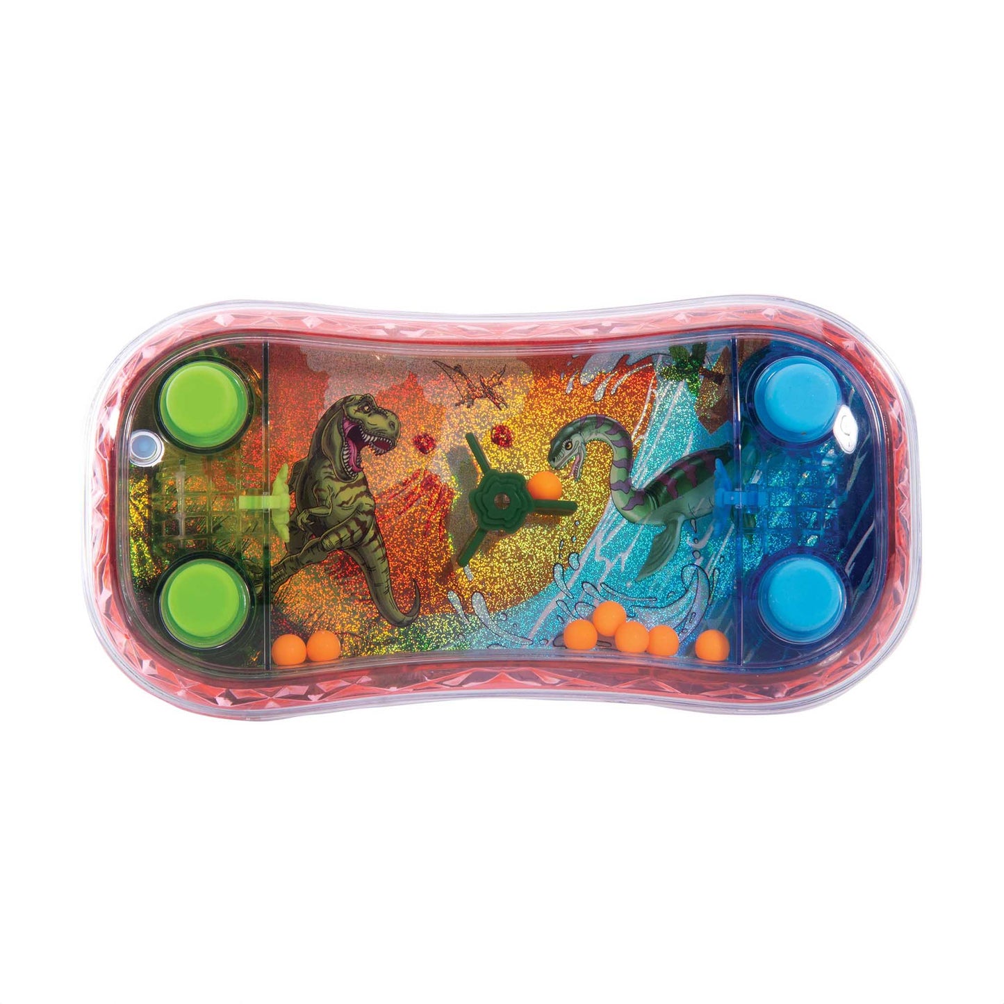 Handheld gaming device with dinosaur graphics on a white background