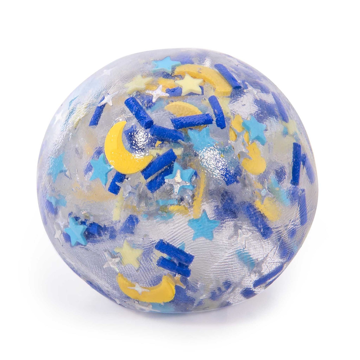 Transparent ball filled with blue, yellow, and star-shaped confetti on a white background