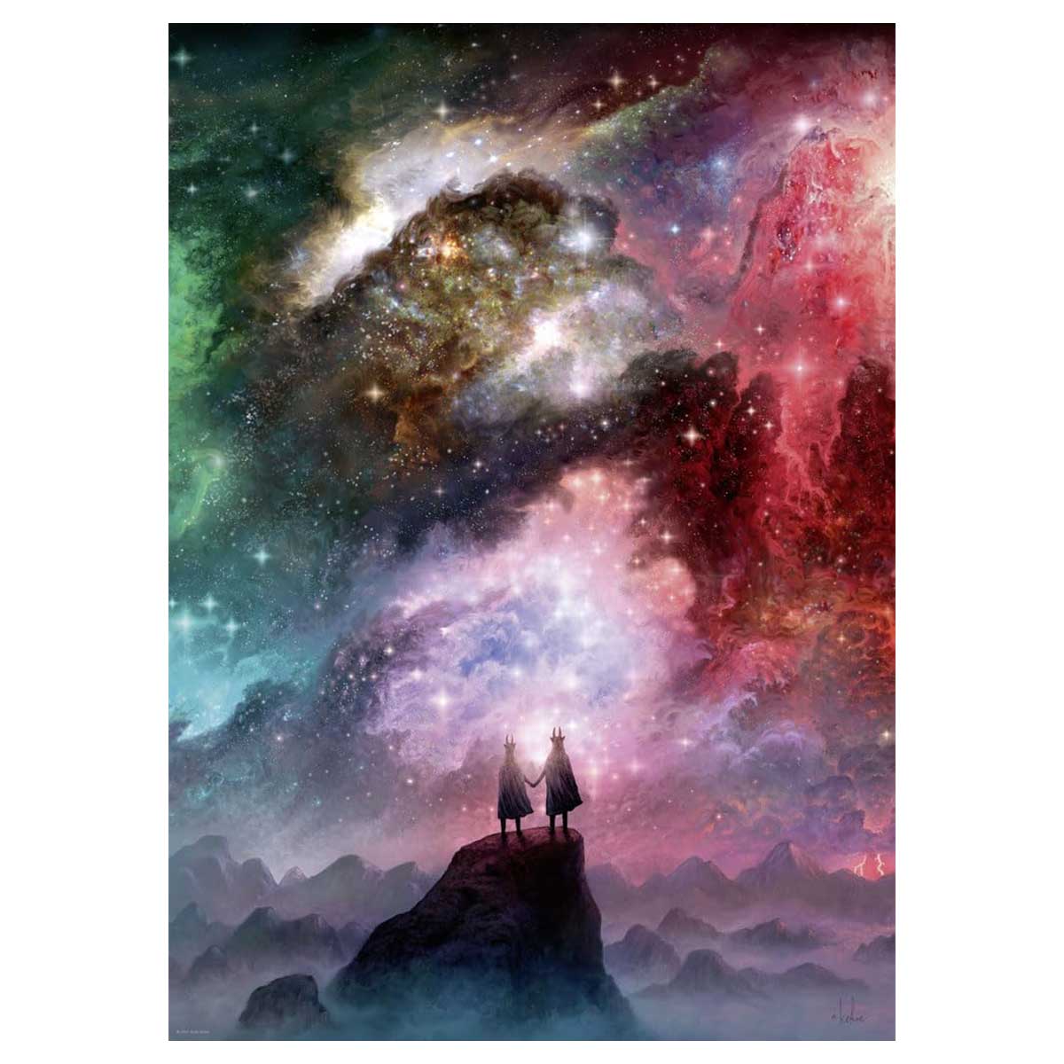 Two people standing on a mountain peak with a colorful nebula in the background