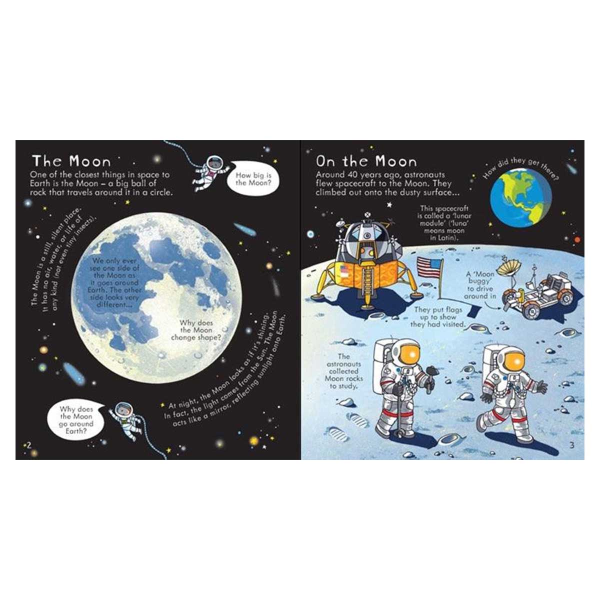 Illustrated book pages about the moon and astronauts on the lunar surface.