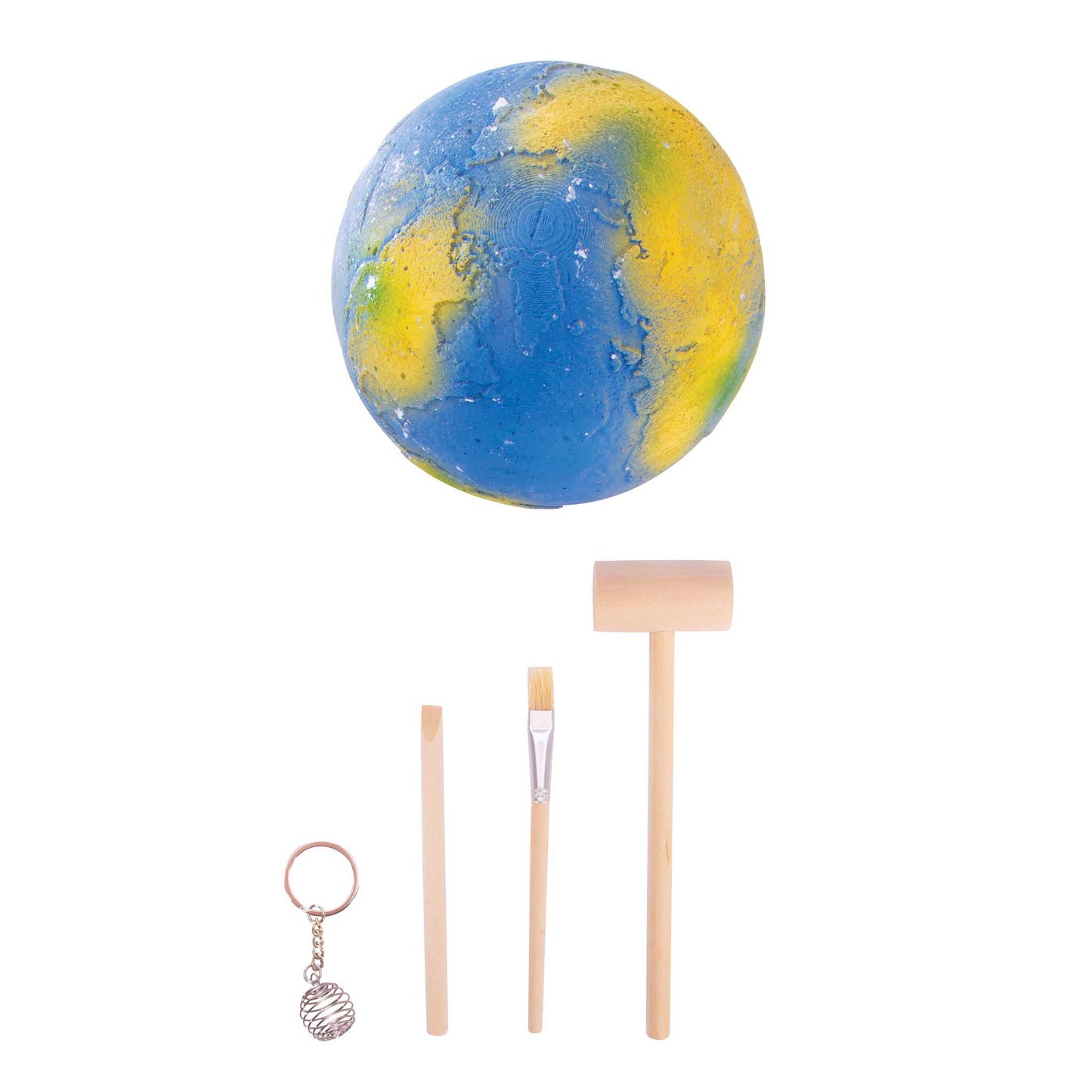 Decorative globe, keychain, paintbrush, and wooden paddle on a white background