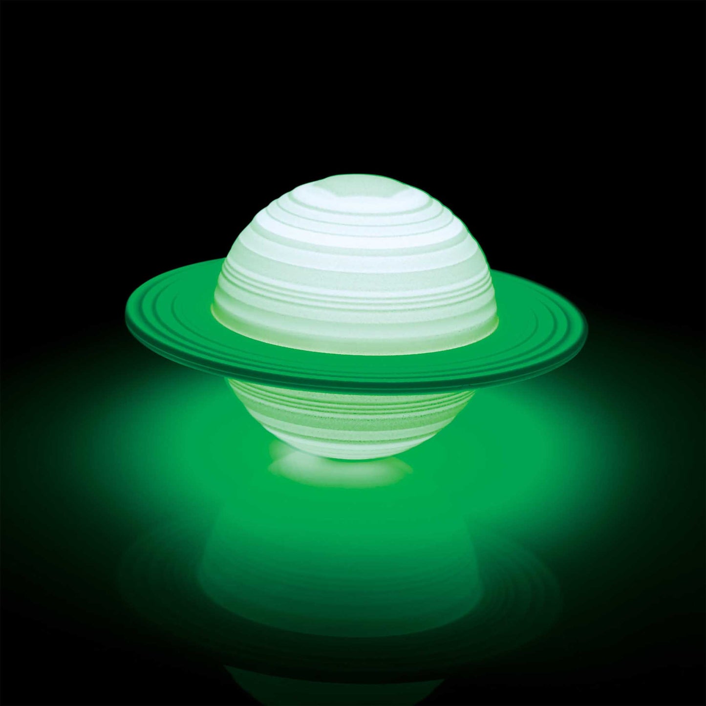 Glowing green Saturn model on a black background