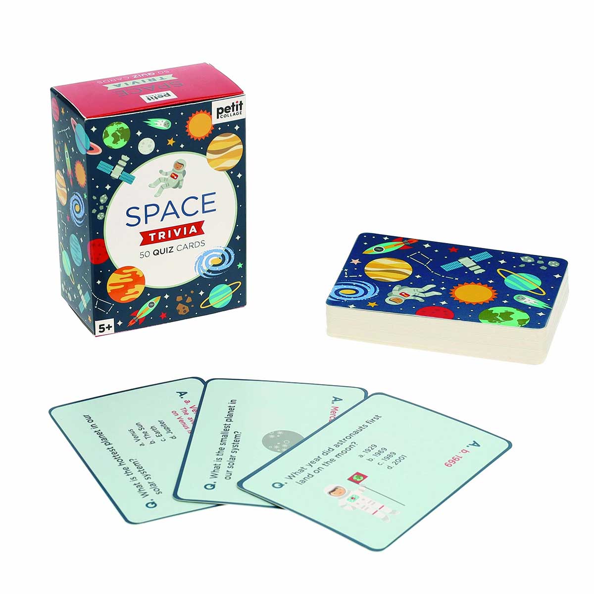 Space trivia quiz cards with packaging on a white background