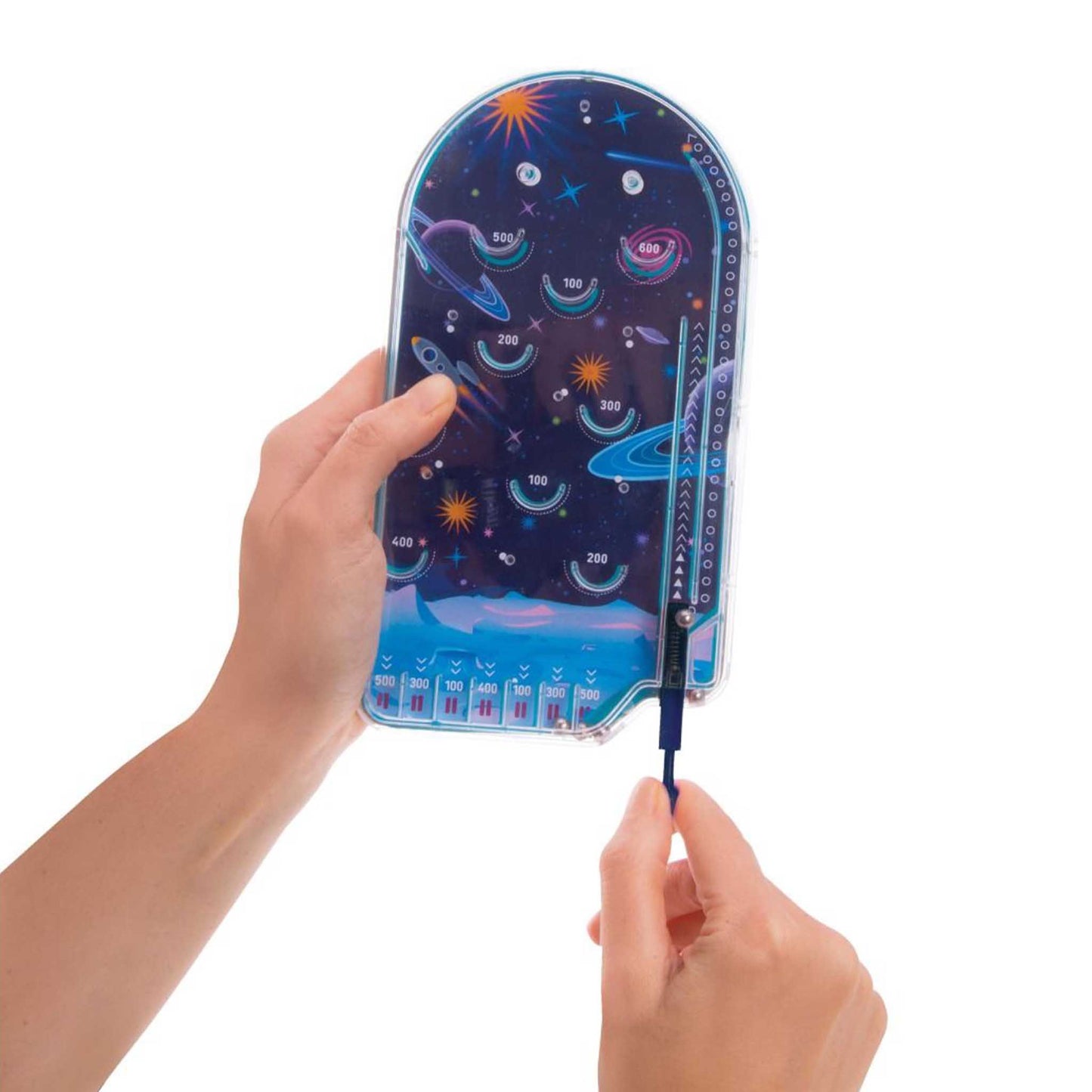 Hand holding a colorful ruler with space-themed design on a white background