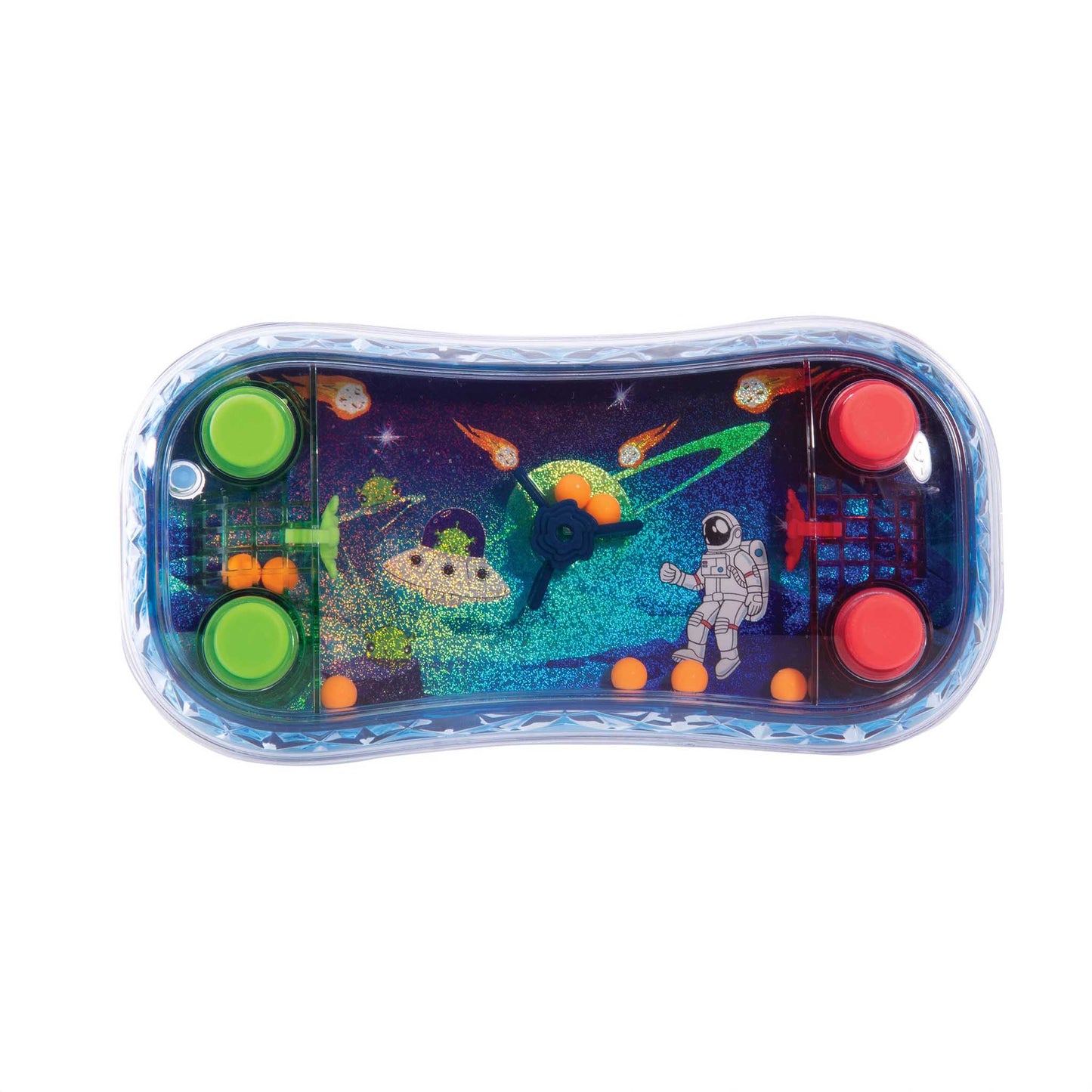 Toy console with space-themed design on a white background