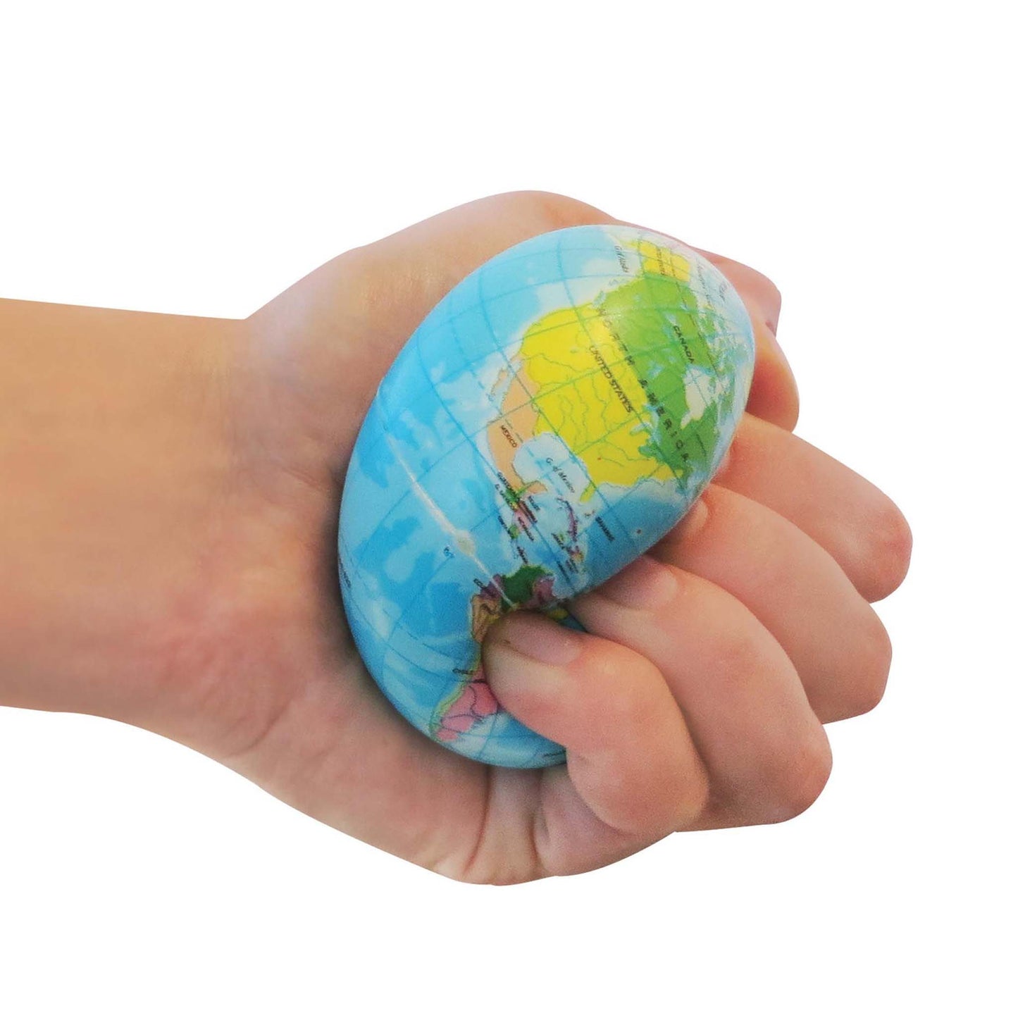Hand holding a small globe-shaped stress ball on a white background
