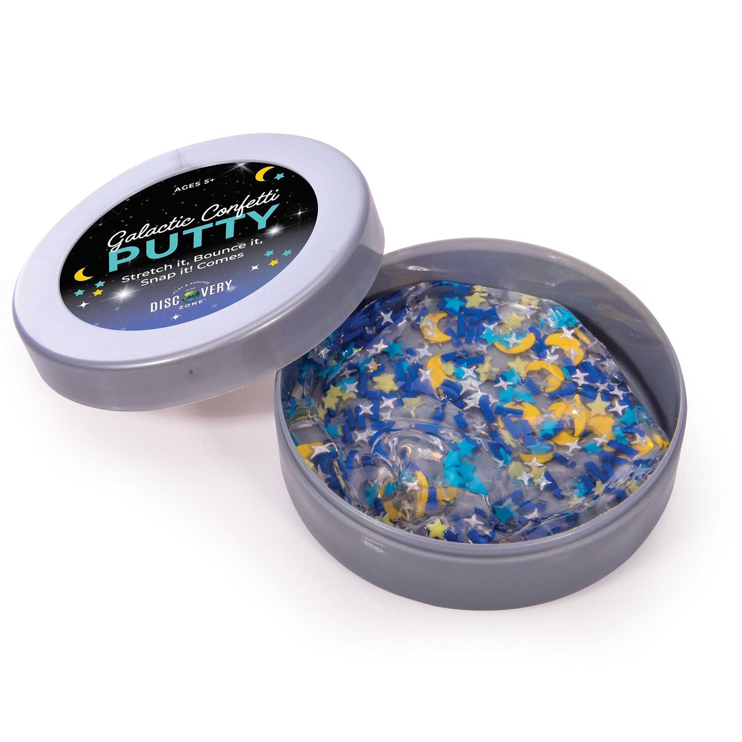 Open container of Galactic Confetti Putty with blue and yellow confetti on a white background
