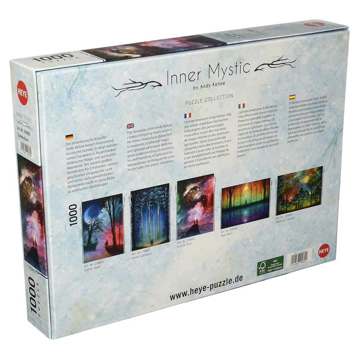 Puzzle box titled 'Inner Mystic' by Andy Kehoe with colorful tree illustrations on a white background.