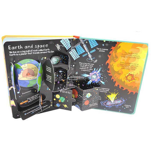 Open book about Earth and space with illustrations and text on a white background