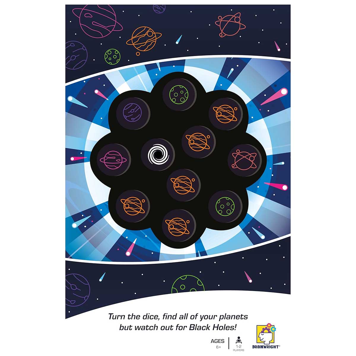 Space-themed dice set with colorful planet symbols on a blue and purple background