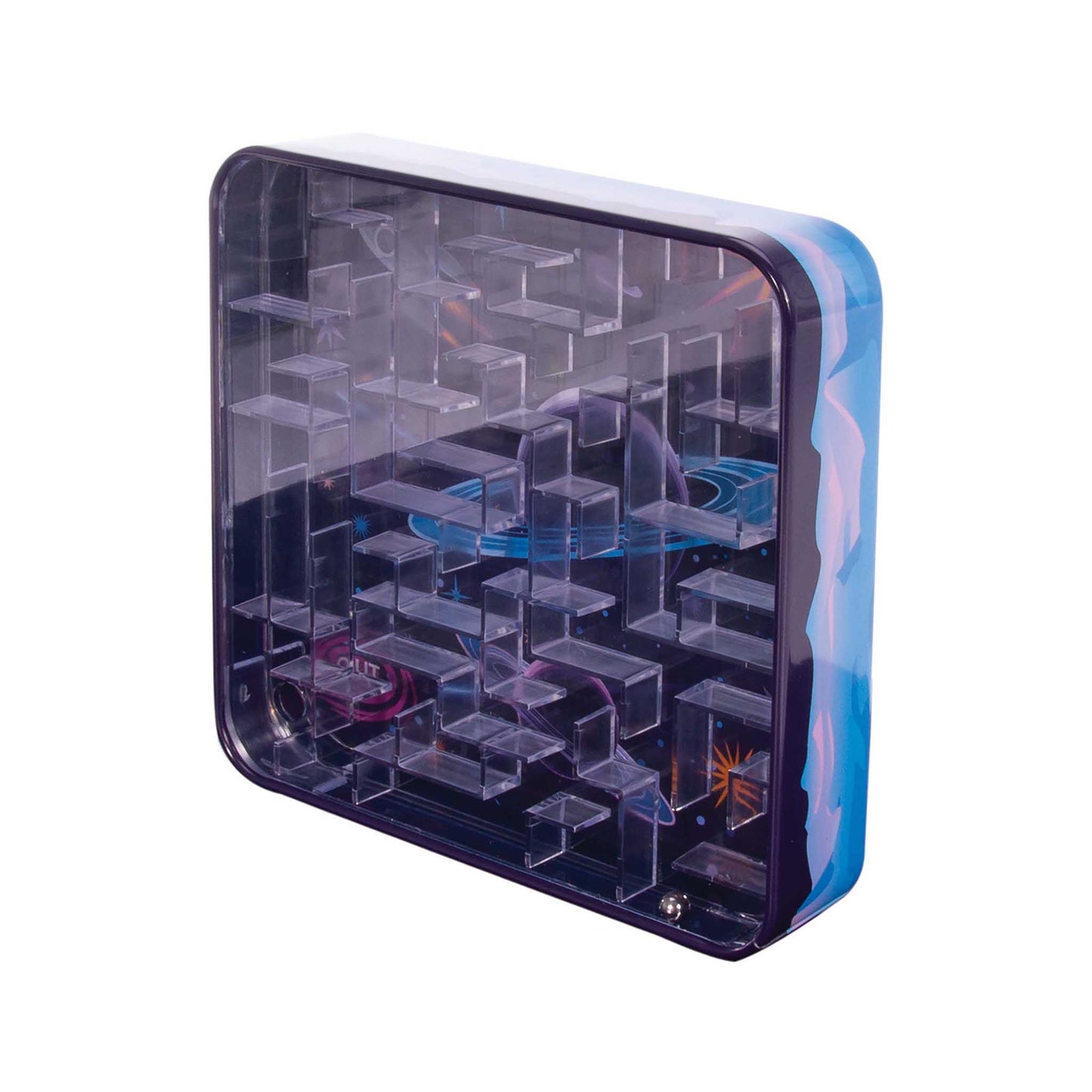 Transparent maze toy with blue and purple accents on a white background