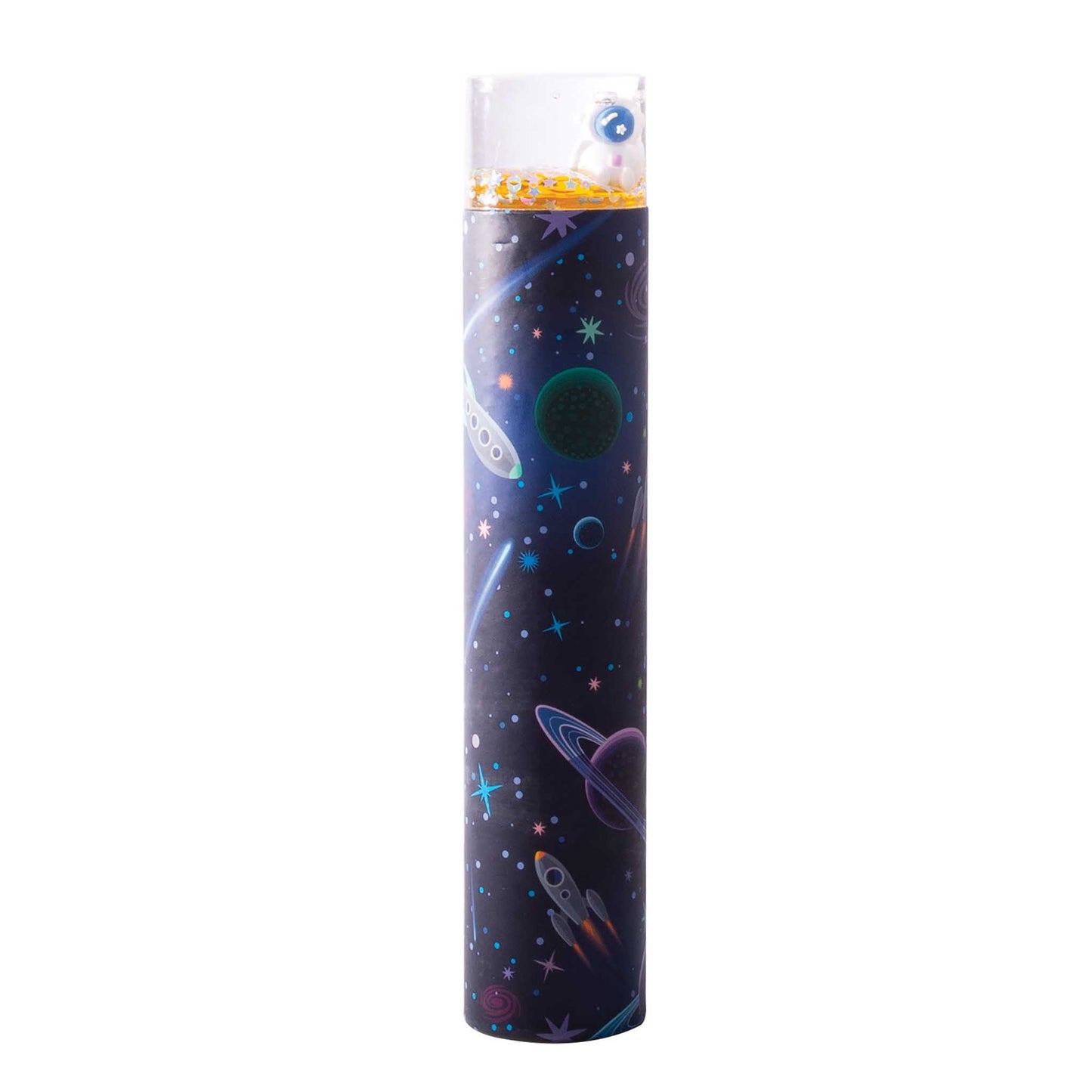 Tubes with space-themed design on a white background