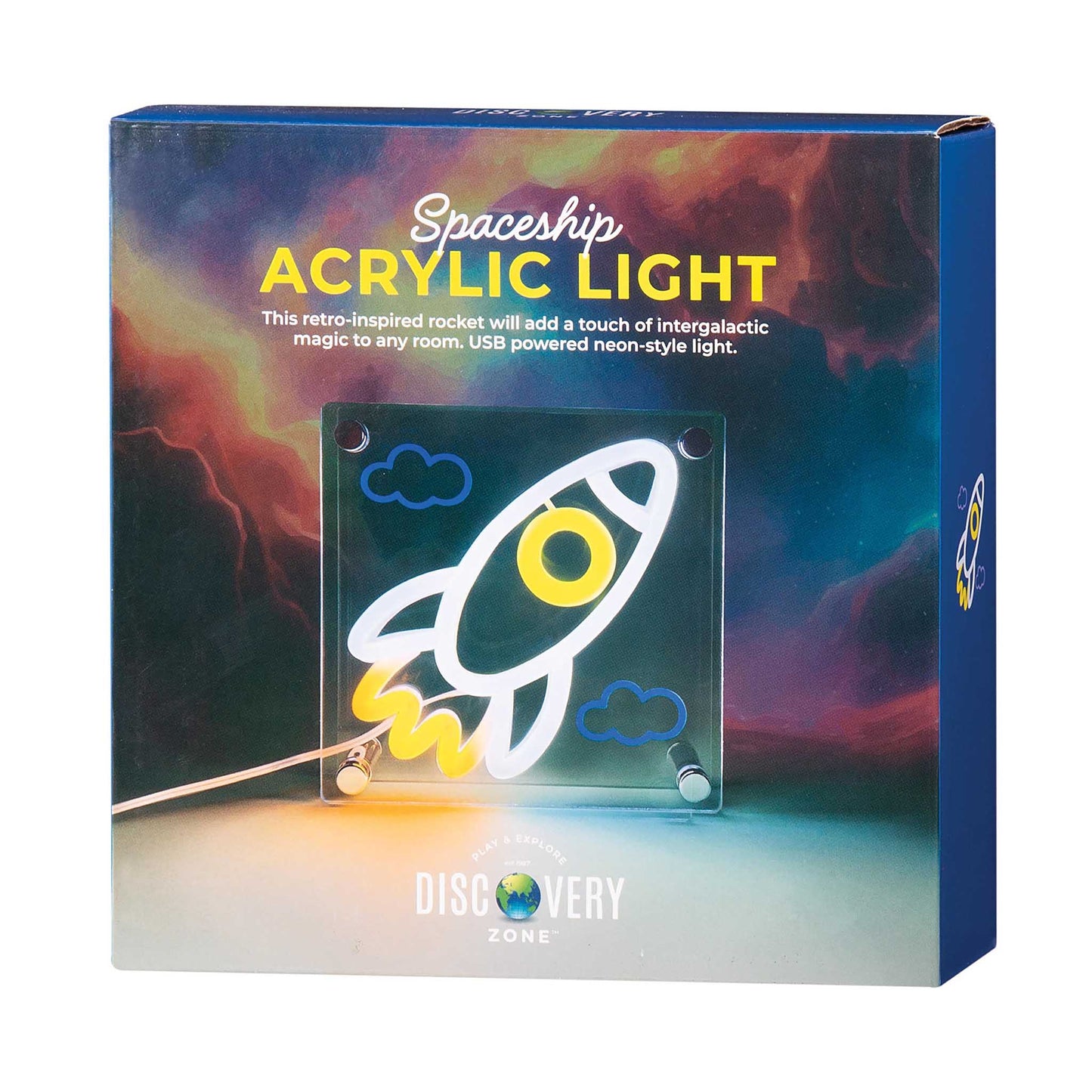 Box of Spaceship Acrylic Light with colorful design and text.
