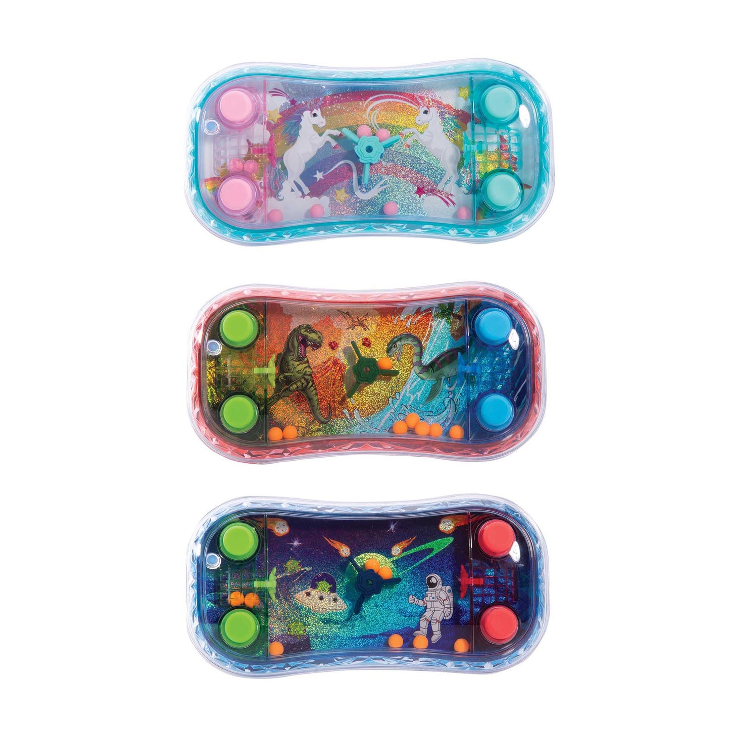 Three colorful handheld gaming consoles with different themes on a white background