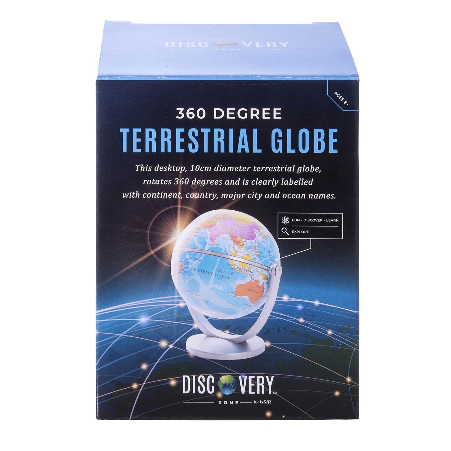 Box of a 360-degree terrestrial globe with a world map on a blue background