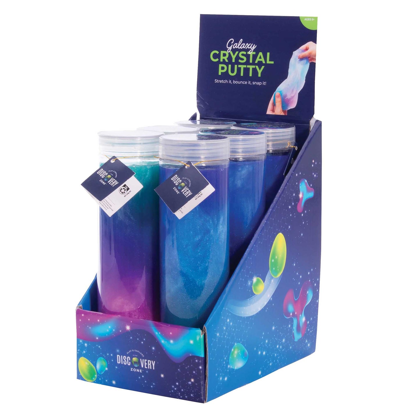 Display of Galaxy Crystal Putty with packaging on a white background