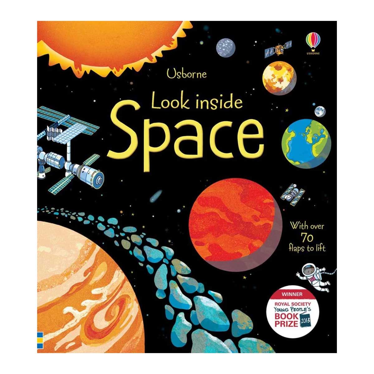Book cover of 'Look inside Space' with space-themed illustrations and solar system elements.