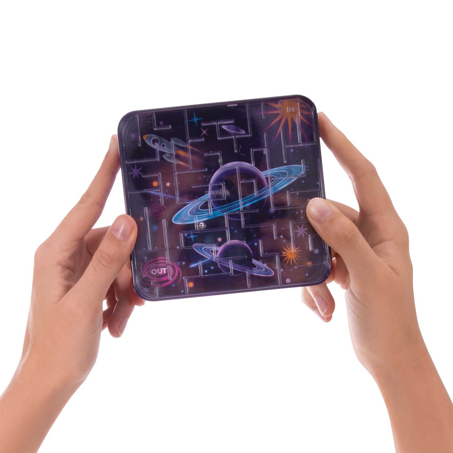 Hands holding a small rectangular device with space-themed design on a white background