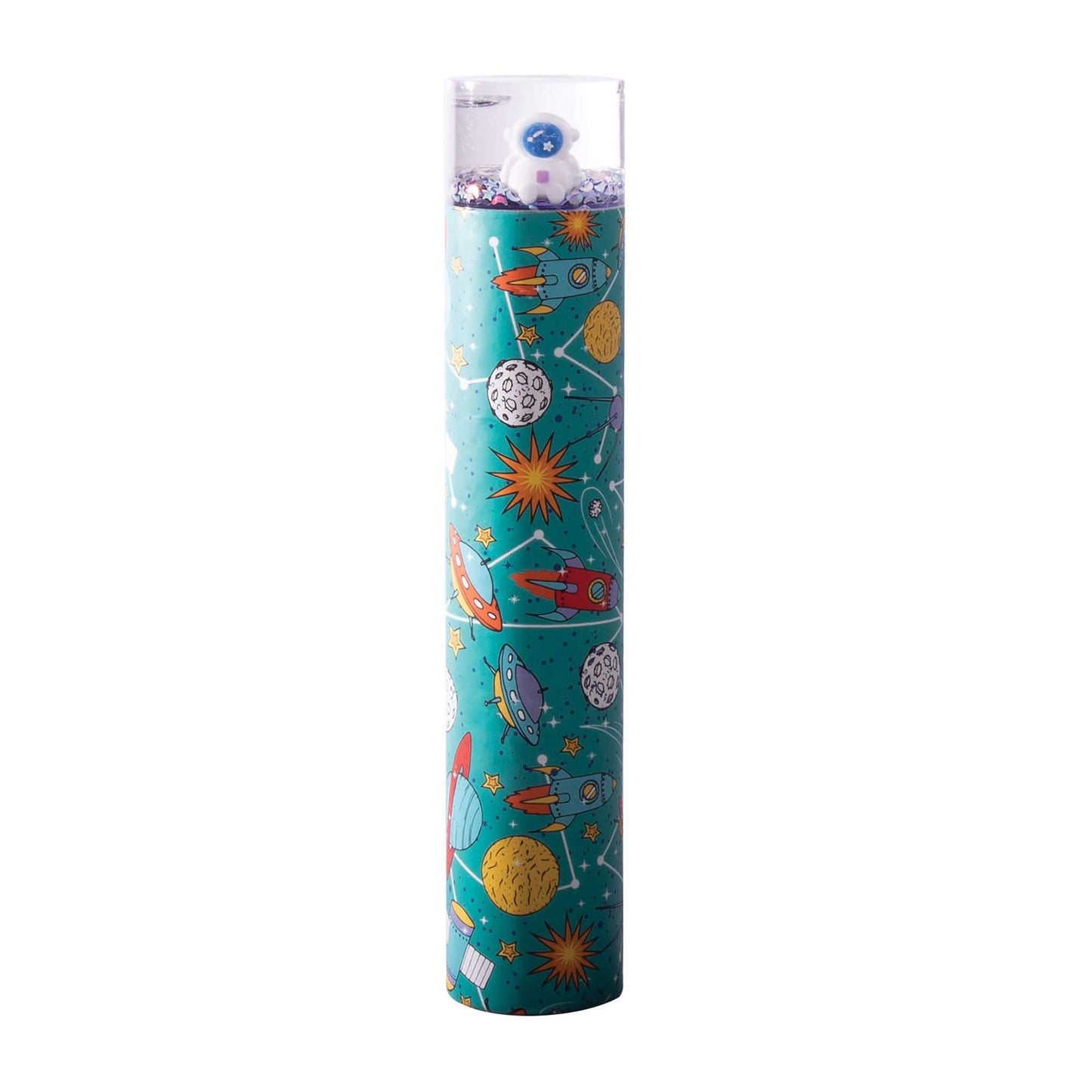 Colorful cylindrical container with space-themed designs on a white background
