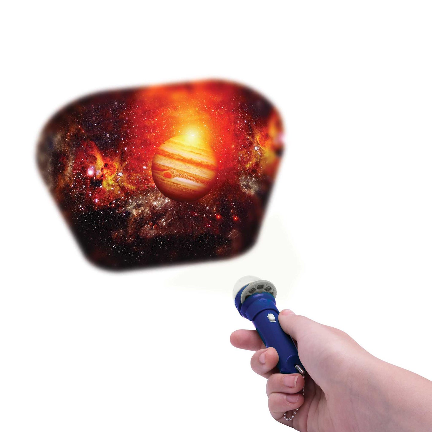 Hand holding a flashlight with a space-themed cover featuring Jupiter.