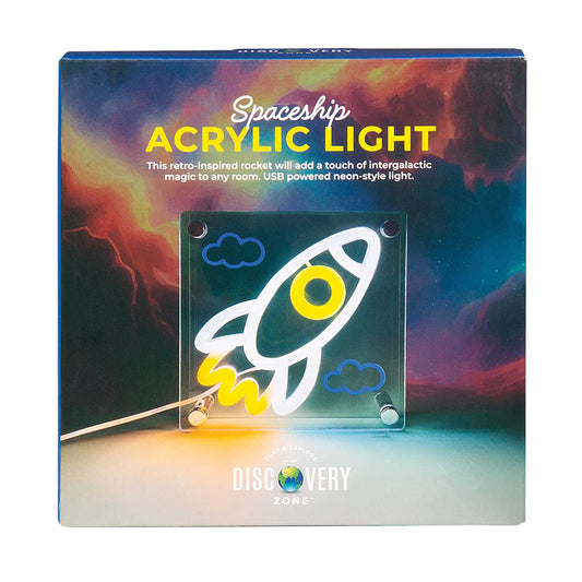 Spaceship acrylic light with colorful packaging featuring a rocket design.