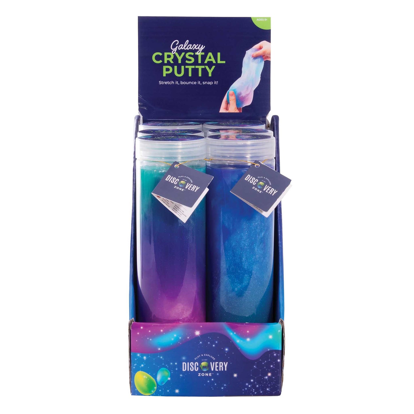Two bottles of Galaxy Crystal Putty in a display box with a white background