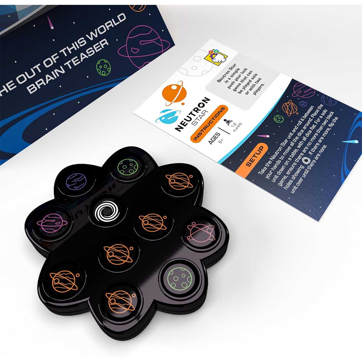 Black puzzle toy with colorful designs on a white surface, featuring a Neutron brand label.