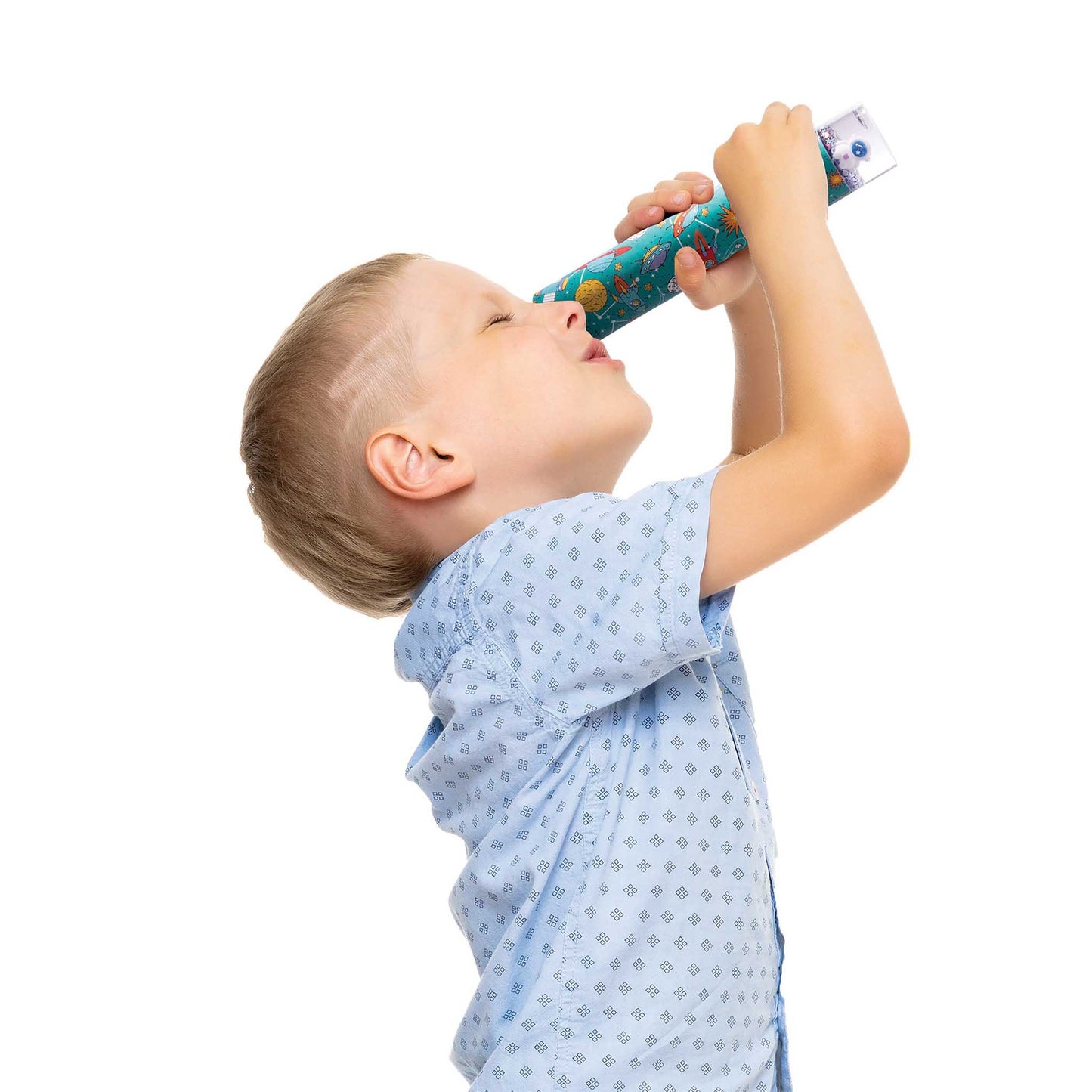 Child playing with a toy telescope on a white background