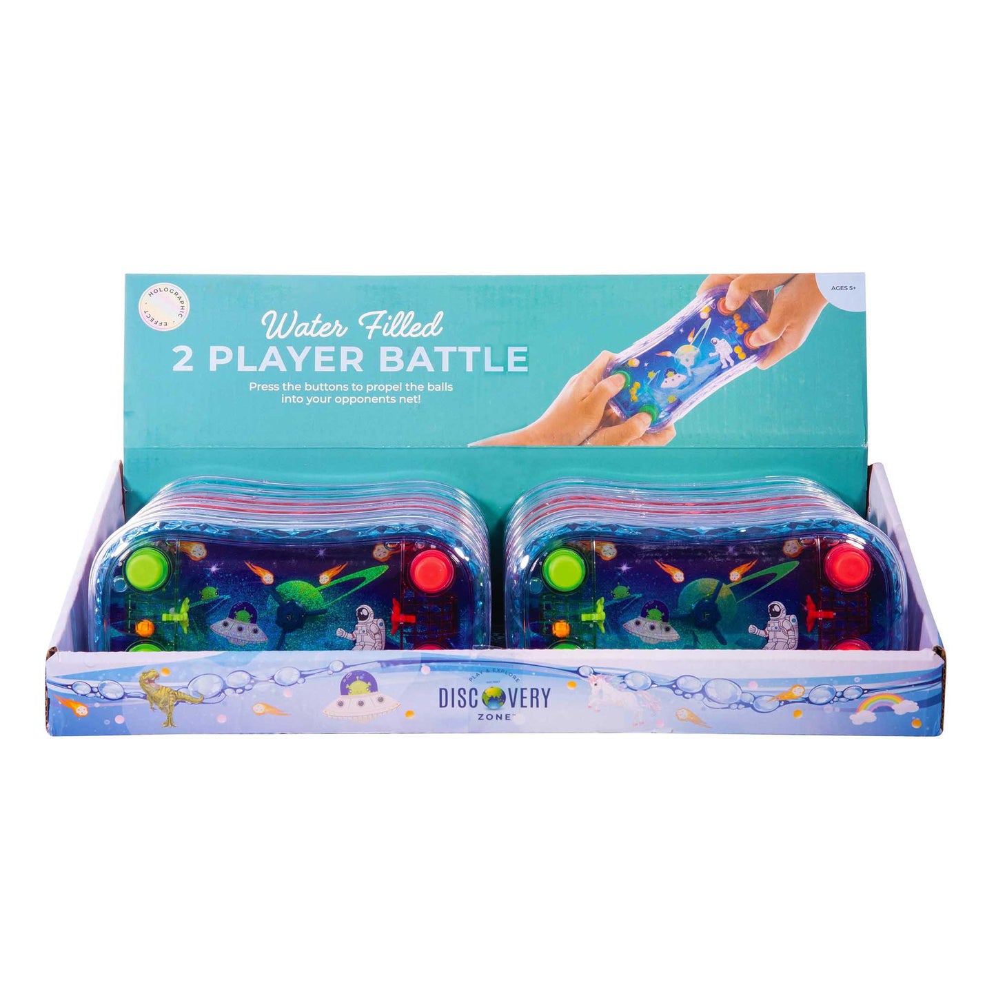 Packaging of water-filled battle bottles with space-themed design on a white background
